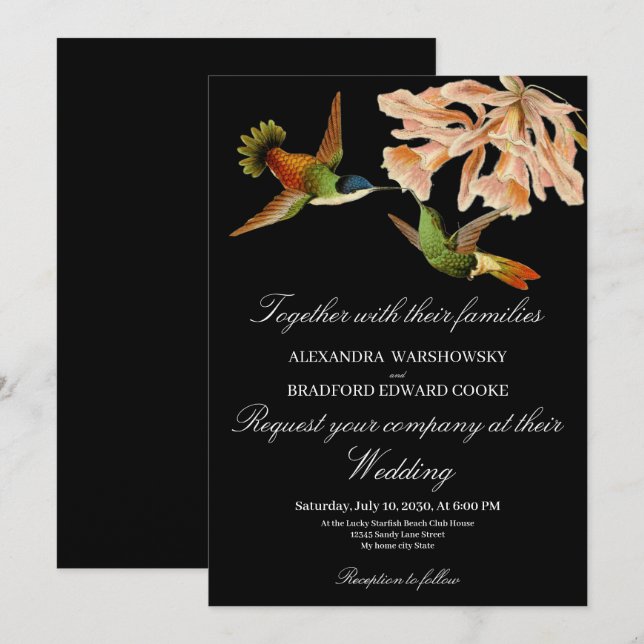 Hummingbird Lily Watercolor Boda blanco negro (Anverso / Reverso)