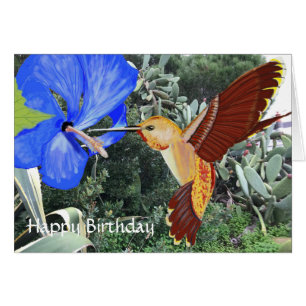 Hummingbird y Blue Hibiscus Feliz cumpleaños