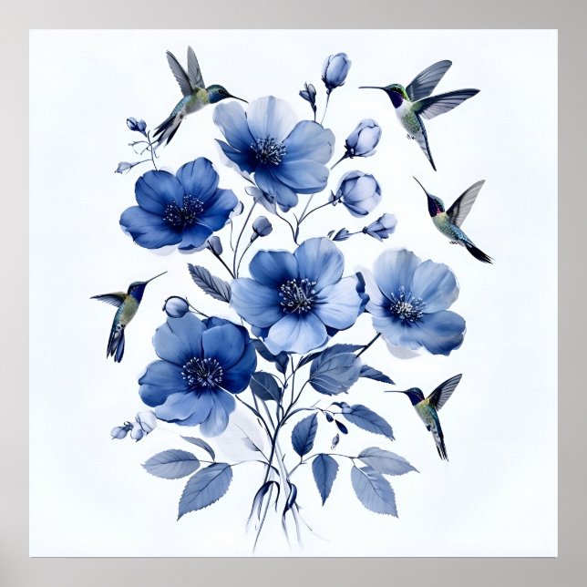 Hummingbirds Arte Floral Elegante Azul Y Blanco (Frente)