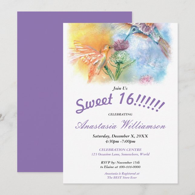 ¡HUMMINGBIRDS DULCE 16! INVITACIÓN DE LA PARTE (Anverso / Reverso)