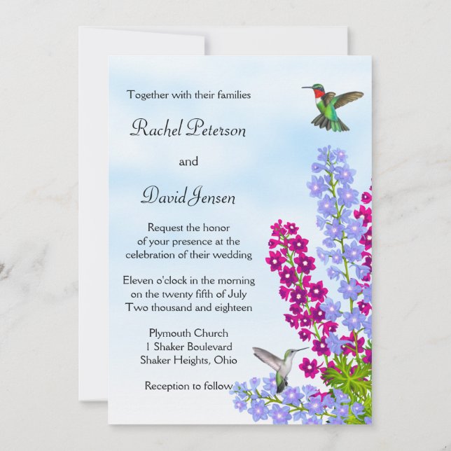 Hummingbirds en flores de jardín invitación a boda (Reverso)