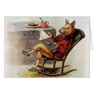 Humor Antiguo, Cerdo en Mecedora Leyendo un Libro