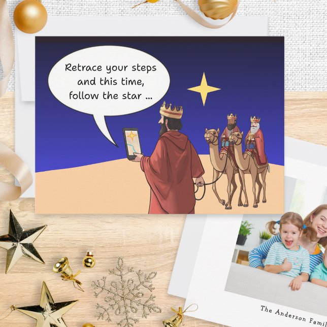 Humor divertido de Navidad 3 Reyes Satnav Estrella (A funny Christmas card with Wise Men cartoon, with custom photo and text on the back)