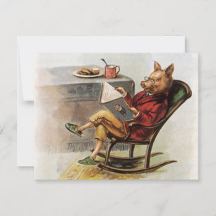 Humor vintage, cerdo en silla de rock leyendo libr