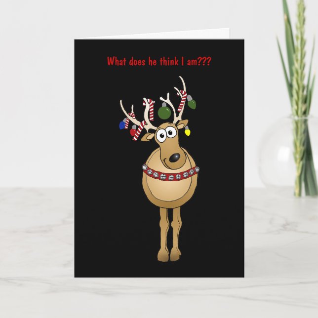 Humorística tarjeta de reno de árbol de Navidad. (Anverso)