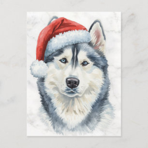 Husky con sombrero de Santa Acuarela Navidad