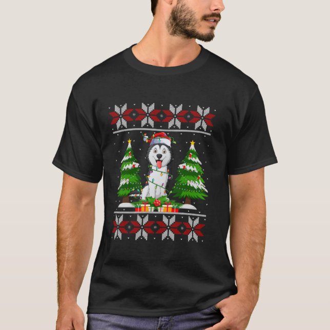 Husky Dog Árbol de Navidad ilumina a Ugly Sweater  (Anverso)