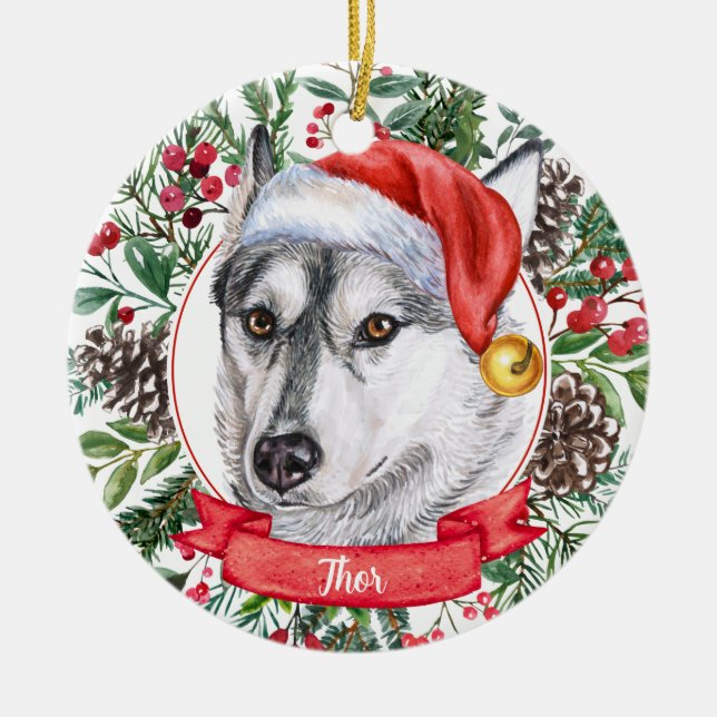Husky Dog Personalizado Santa Hat Ornamento de Nav (Frente)