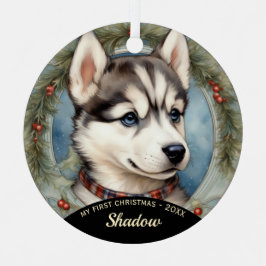 Husky Puppy Primera Navidad Ornamento Metalizado