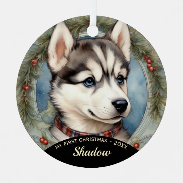 Husky Puppy Primera Navidad Ornamento Metalizado (Anverso)