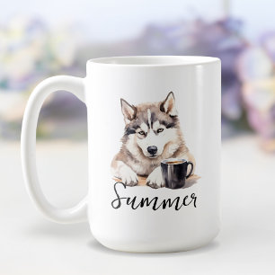 Husky siberiano con taza de café, perro con actitu
