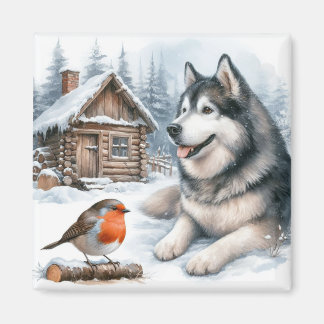 Husky y ladrón en el imán de nieve, perro de nieve