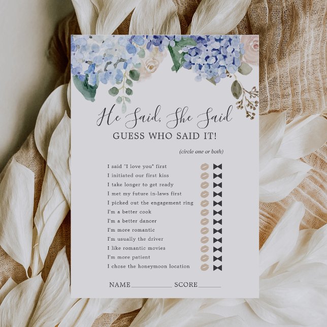 Hydrangea Azul Dijo Que Dijo Que Tarjeta De Juego  (Blue Hydrangea He Said She Said Shower Game Card)