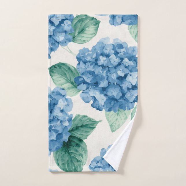 Hydrangea Blues Floral Watercolor Botanical Blooms (Toalla de mano)