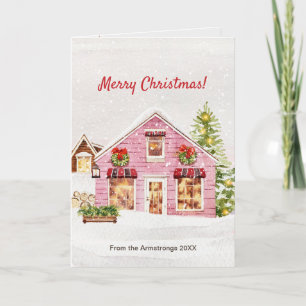 Hygge Acuarela Pueblo Invernal Navidad Rosa