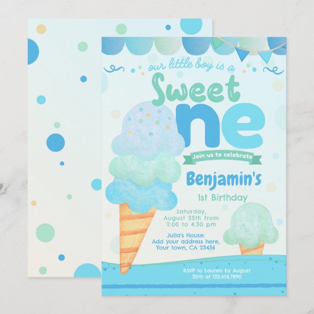 Ice Cream 1er cumpleaños fiesta de invitación (Anverso / Reverso)