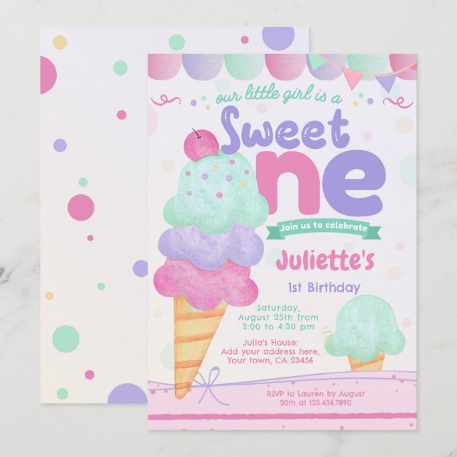 Ice Cream 1er cumpleaños fiesta de invitación (Anverso / Reverso)