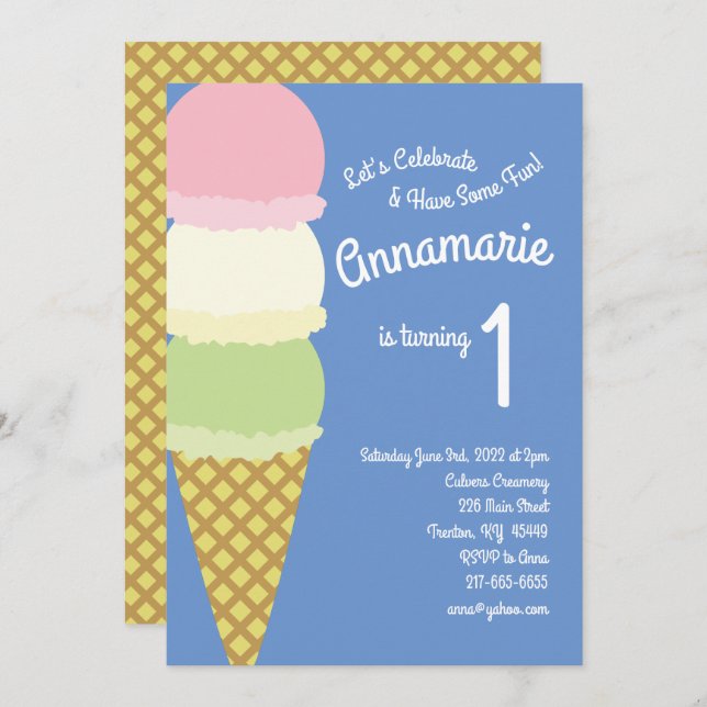 Ice Cream 1er cumpleaños Invitaciones a la Cuta (Anverso / Reverso)