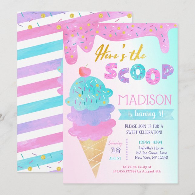 Ice Cream Birthday Party Invitación Dos Dulces  (Anverso / Reverso)