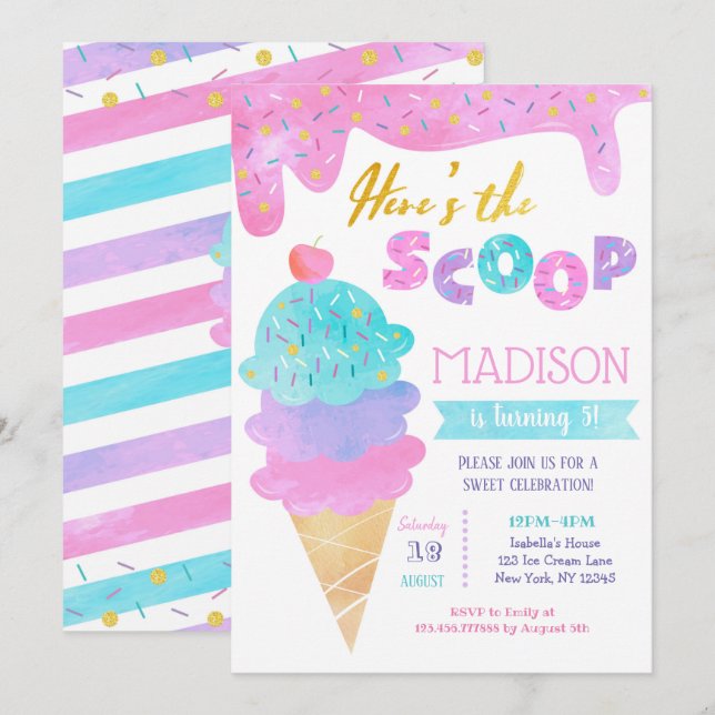 Ice Cream Birthday Party Invitación Dos Dulces (Anverso / Reverso)