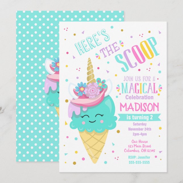 Ice Cream Unicorn Invitación de cumpleaños mágica (Anverso / Reverso)