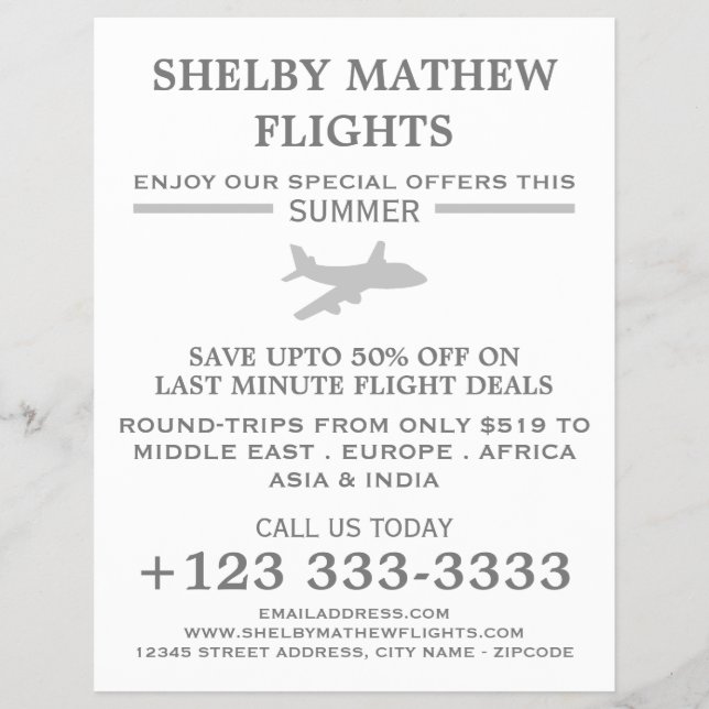 Icono de avión plateado, volante publicitario de a (Frente)