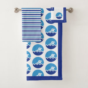 Icono de nadador, franjas azules y natación en mon