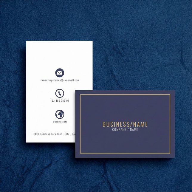Iconos azul y blanco tarjeta de visita de borde do (Blue and white icons gold border business card.)