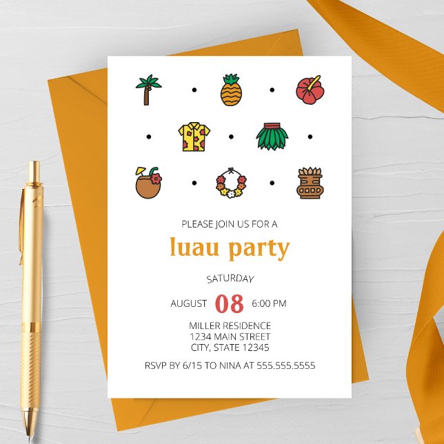 Iconos de Línea de Luau Invitación de Fiesta (Luau Party Invitation | Minimalist Modern Luau Line Icons )