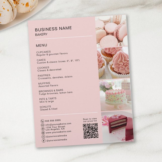 Iconos de menú de redes sociales con código QR de  (Create your own Bakery Cake Shop Confectionery Flyer by MINTIC DESING STUDIO)