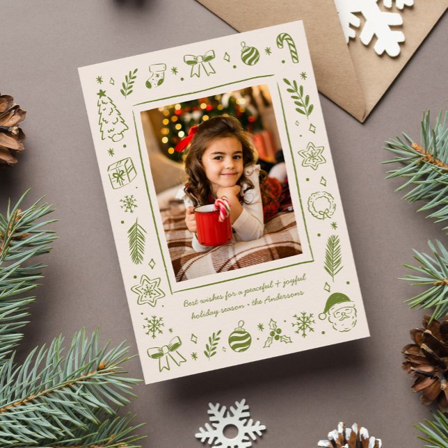 Iconos de Navidad caprichosos y verdes dibujados a (whimsical, quirky, hand-drawn Christmas photo card with sketched Christmas icons.)