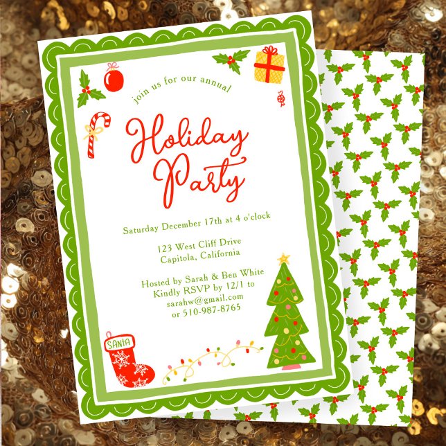 Iconos de Navidad lindos con volutas INVITACIÓN pe (Cute Christmas Icons Scalloped Edges Whimsical  CUSTOM Holiday Party Invitation
)