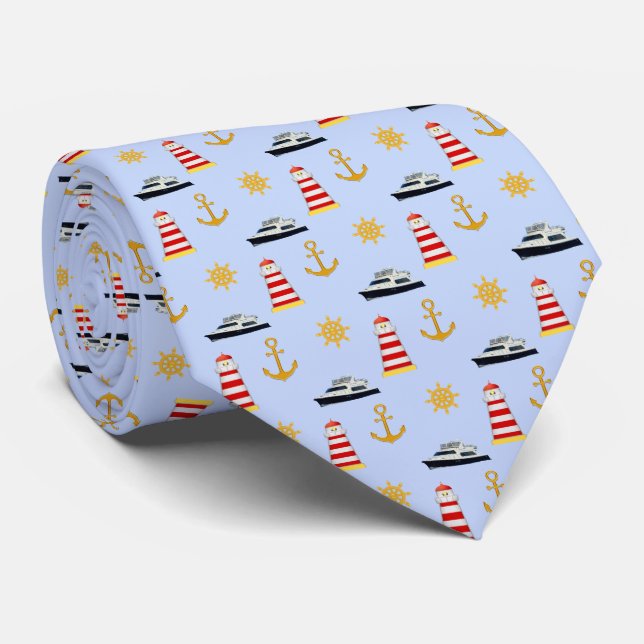 Iconos Náuticos Elegantes en Corbata Azul Claro (Enrollado)