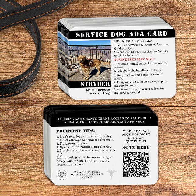 ID de la foto de la tarjeta de perro de servicio m (Custom service dog cards for teams to hand out for public access according to ADA law small for bags)