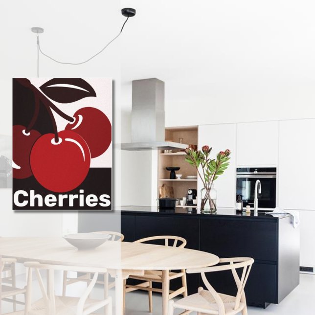 Idea de decoración de paredes de cocina blanca, ro (Modern Black White Red Cherries Kitchen Poster)