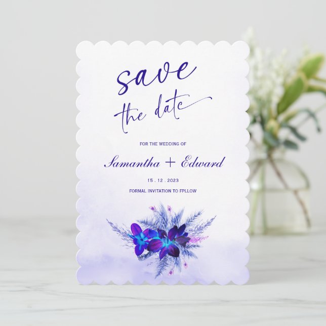 Ideas de tarjeta de "Save the Date" azules y morad (Anverso de pie)