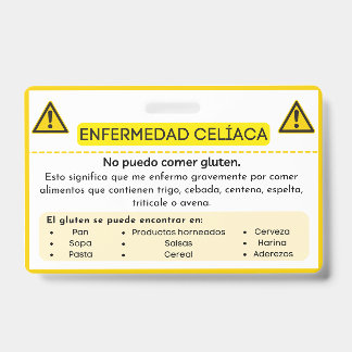 Identificación Tarjeta de Alerta de Alergia de Gluten para Enferm
