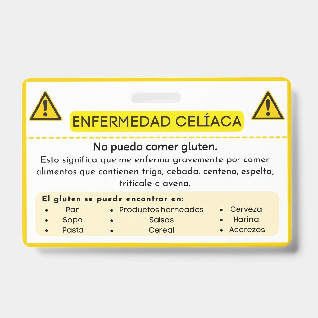 Identificación Tarjeta de Alerta de Alergia de Gluten para Enferm (Front)
