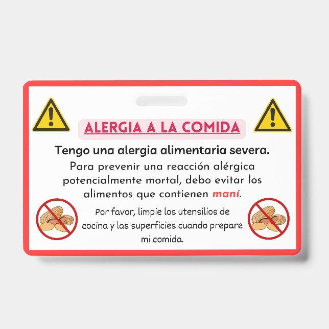 Identificación Tarjeta de Chef Española de Alerta de Alergia del  (Parte frontal)