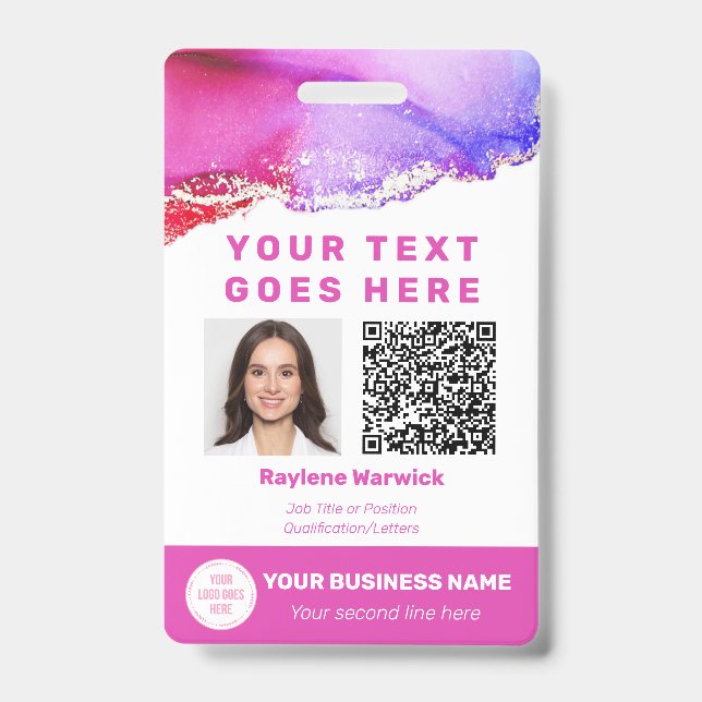 Identificación Tarjeta de código QR para foto de empleado rosa (Anverso)
