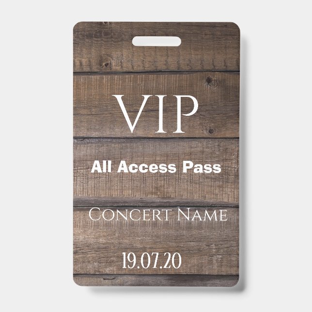 Identificación Tarjeta de Concierto Rustic Wood VIP All Access Pa (Front)