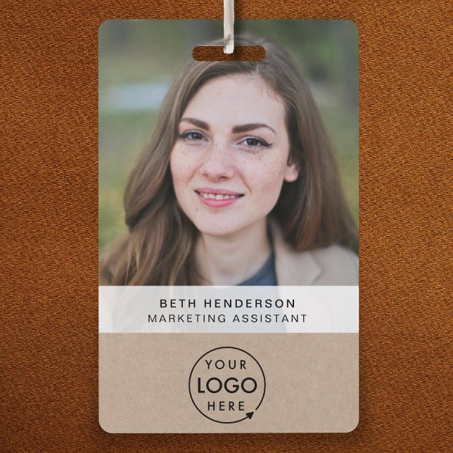 Identificación Tarjeta Rustic Kraft | QR de empleado fotográfico  (Rustic Kraft company branded staff ID badges for business networking & employee identification.)