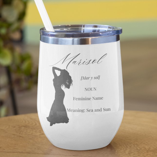 Identity Defined (Wine tumbler featuring feminine silhouette, cursive name, and definition on white base.)