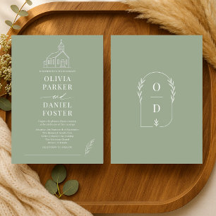 Iglesia Boda Sabio Línea Arte Verde Invitación de 