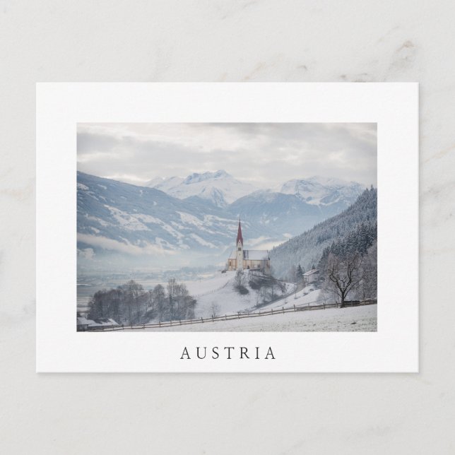 Iglesia de Zillertal en postal blanca de invierno (Anverso)