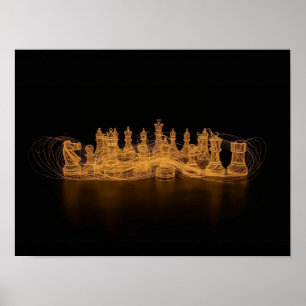 Iluminación de piezas de ajedrez y arte en pared