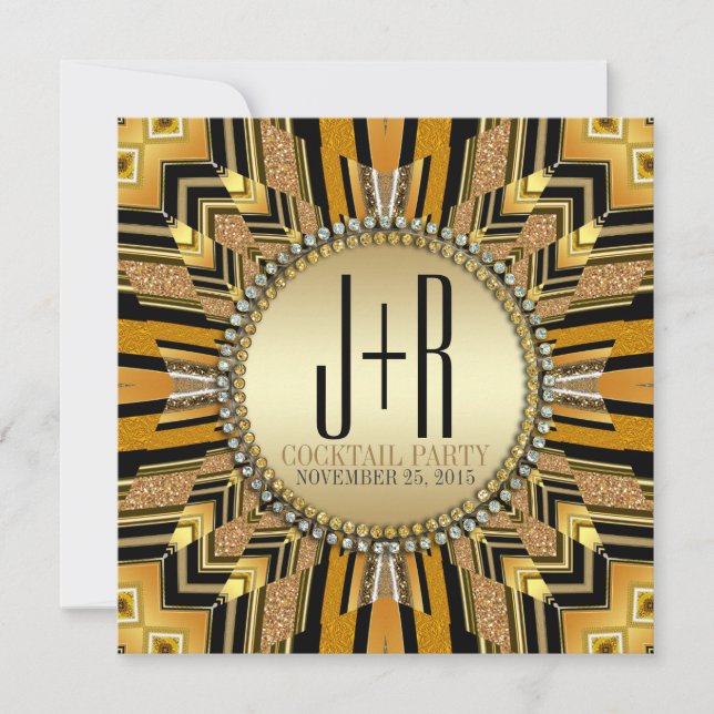 Ilusión Art Deco Negro Oro Invitación a Cena (Anverso)