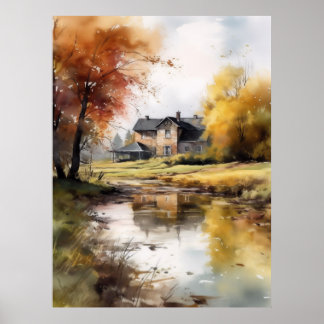 Ilustracion acuarela Impresión del paisaje otoñal