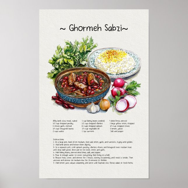 Ilustracion acuático Ghormeh Sabzi, arte persa (Frente)