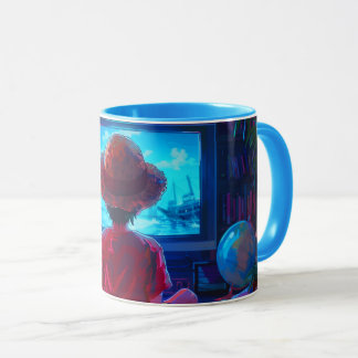 Ilustracion anime por una taza de un niño viendo l